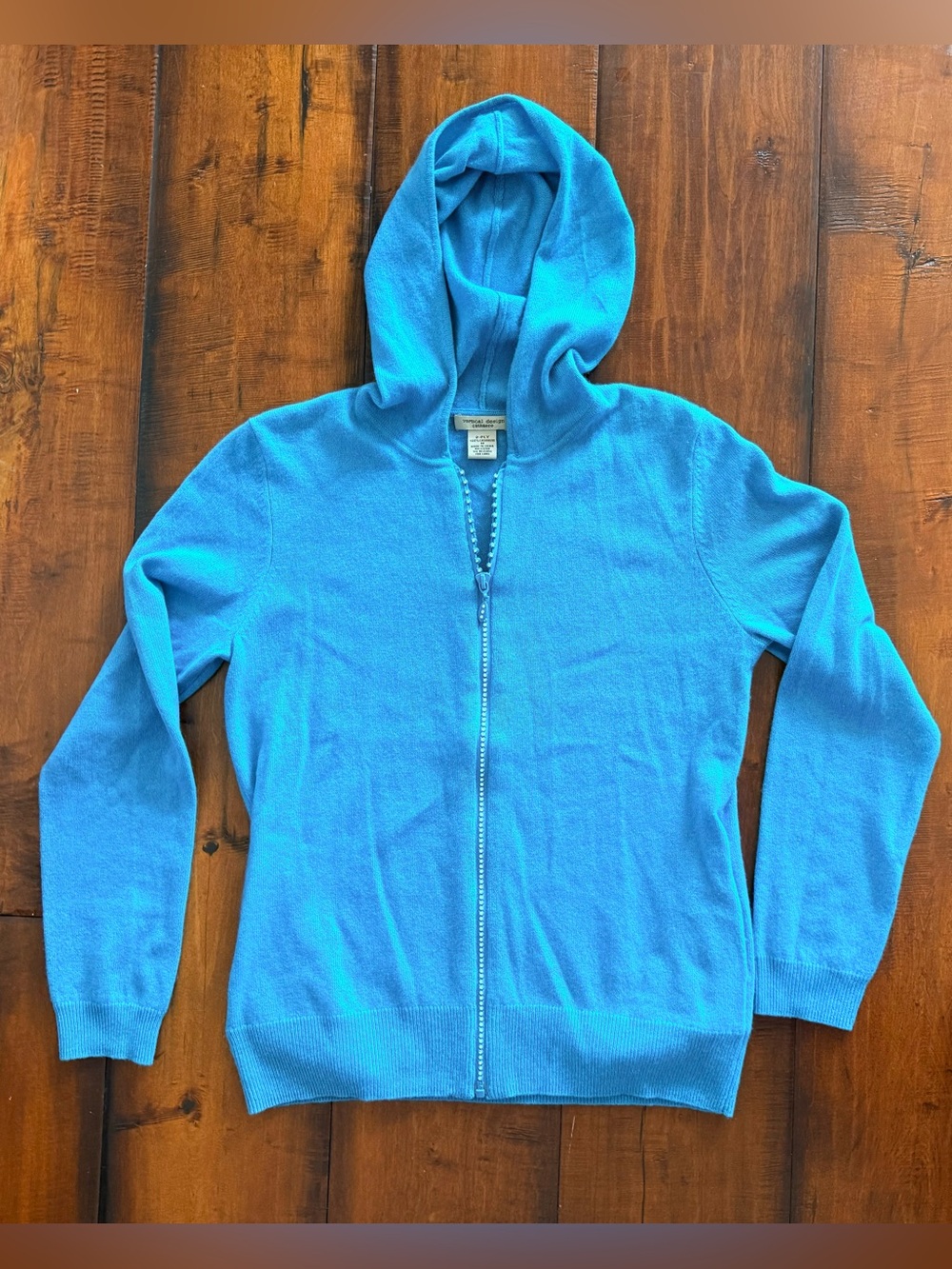 Vertical Design Bright Blue Hooded Rhinestone Zip-Up Hoodie Sweater